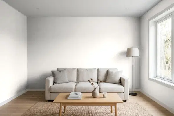 Living room with walls painted Behr Abalone Shell PWN-63 (simulated)