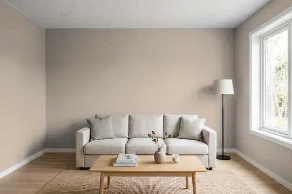 Living room with walls painted Behr Abbey Stone MQ2-56 (simulated)