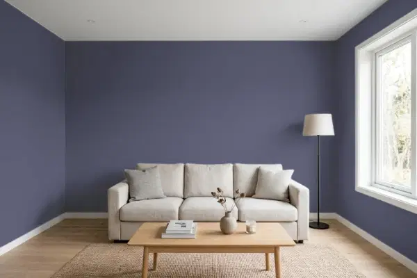 Living room with walls painted Behr Academy Purple 640F-7 (simulated)