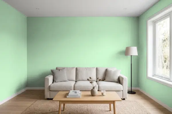 Living room with walls painted Benjamin Moore Acadia Green 2034-50 (simulated)