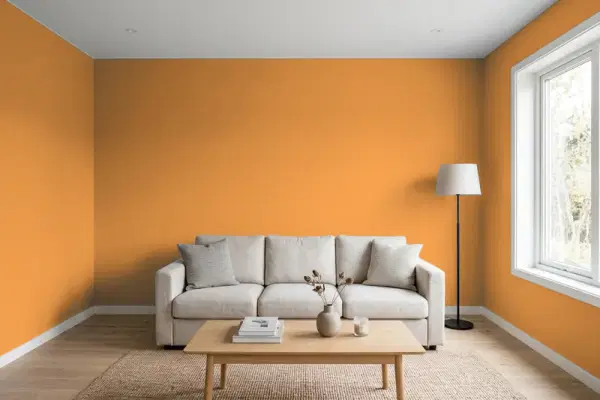 Living room with walls painted Behr Acorn 290D-6 (simulated)