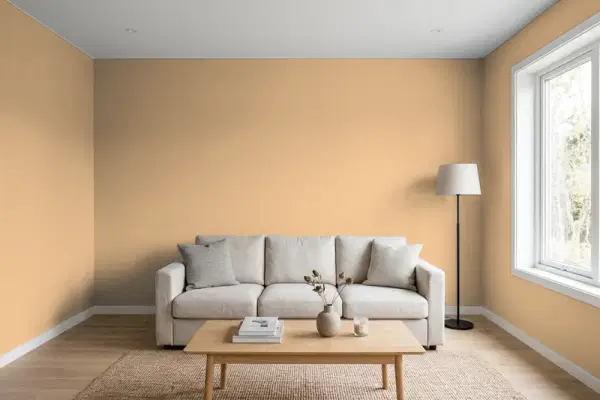 Living room with walls painted Benjamin Moore Acorn Yellow 2161-40 (simulated)