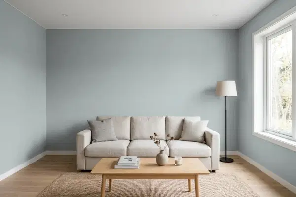 Living room with walls painted Benjamin Moore Adagio 1593 (simulated)