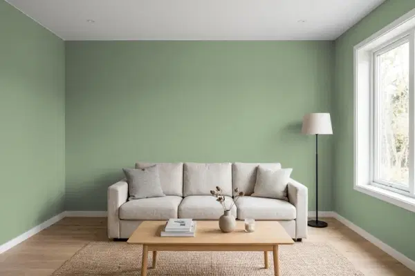 Living room with walls painted Benjamin Moore Adirondack Green 453 (simulated)