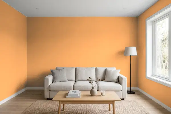 Living room with walls painted Sherwin-Williams Adventure Orange SW 6655 (simulated)