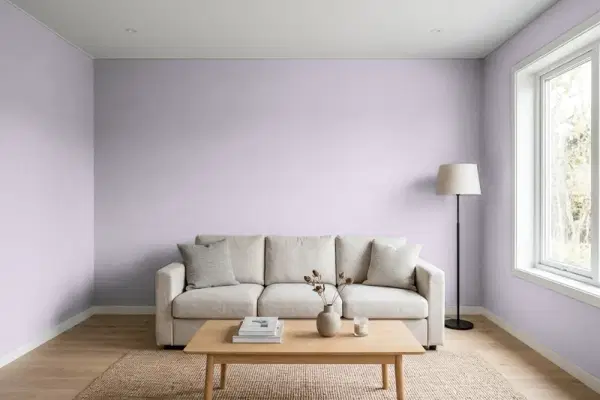Living room with walls painted Benjamin Moore African Violet 2116-50 (simulated)