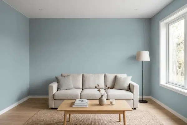 Living room with walls painted PPG Paints After The Storm 1036-4 (simulated)