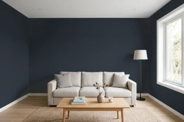 Living room with walls painted Sherwin-Williams After the Storm SW 9685 (simulated)