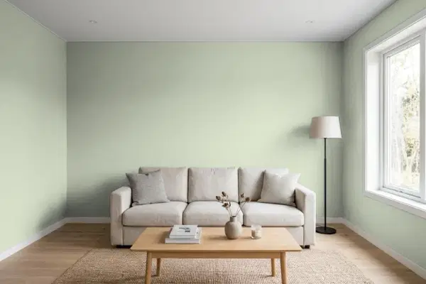 Living room with walls painted Benjamin Moore Aganthus Green 472 (simulated)