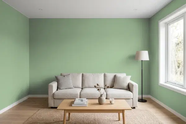 Living room with walls painted Sherwin-Williams Agate Green SW 7742 (simulated)