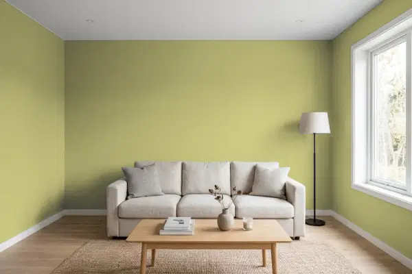 Living room with walls painted Benjamin Moore Agave AF-420 (simulated)
