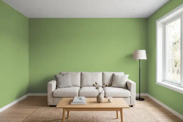 Living room with walls painted Behr Agave Plant M370-5 (simulated)