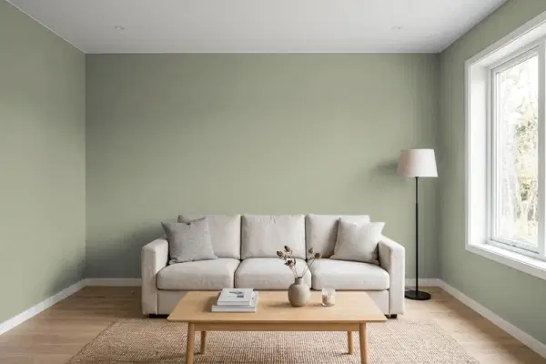 Living room with walls painted Behr Aged Eucalyptus BNC-27 (simulated)