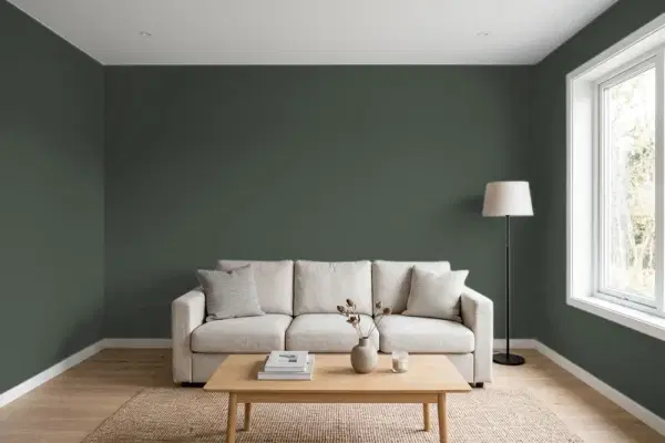 Living room with walls painted Valspar Aged Pine 6011-5 (simulated)