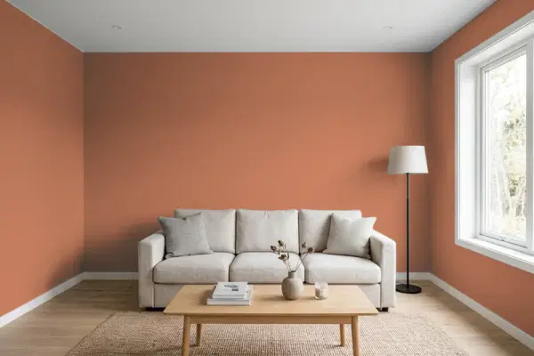 Living room with walls painted Behr Airbrushed Copper BIC-45 (simulated)