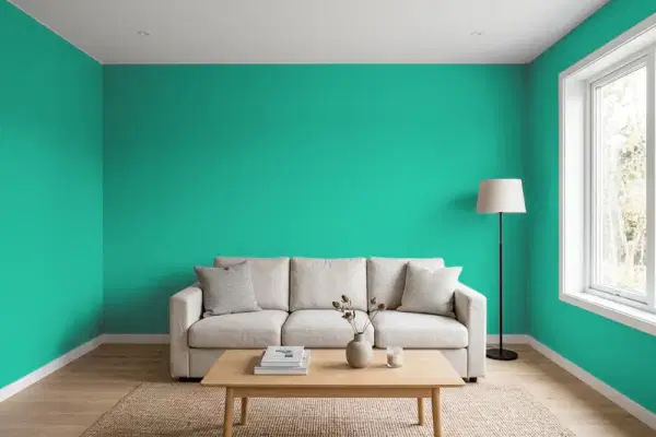 Living room with walls painted Benjamin Moore Albuquerque Teal 607 (simulated)