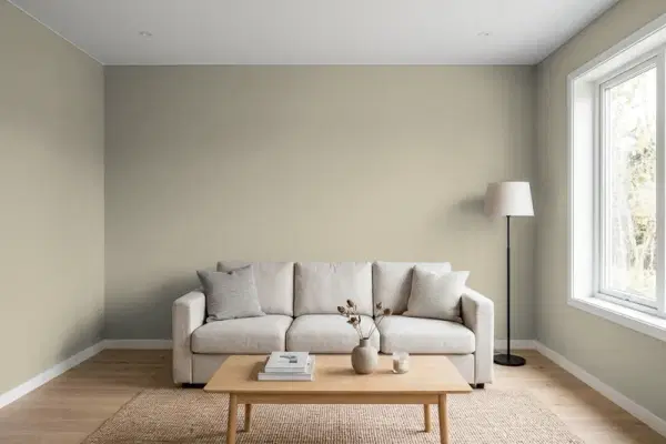 Living room with walls painted PPG Paints Aldabra 14-28 (simulated)