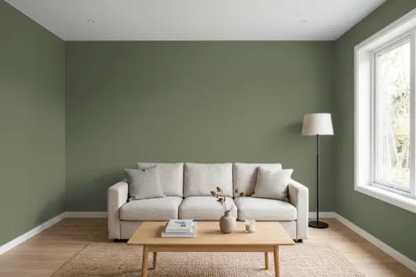 Living room with walls painted PPG Paints All About Olive 1126-7 (simulated)