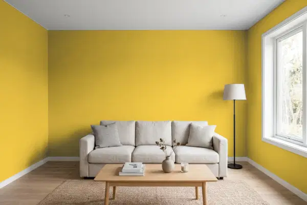 Living room with walls painted Valspar Almond Puff 3008-3A (simulated)