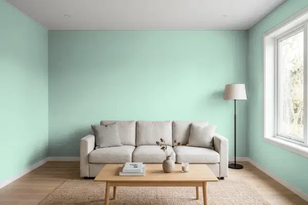 Living room with walls painted Sherwin-Williams Aloe SW 6464 (simulated)