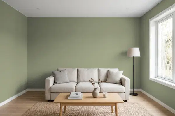 Living room with walls painted Behr Aloe Thorn PPU10-17 (simulated)