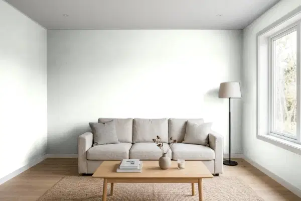 Living room with walls painted Benjamin Moore Aloe Vera 844 (simulated)