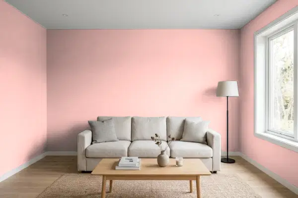 Living room with walls painted Behr Alpenglow CE-01 (simulated)