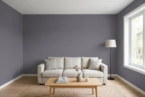 Living room with walls painted Behr Alter Ego N550-6 (simulated)