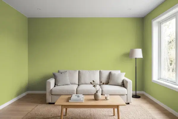 Living room with walls painted PPG Paints Always Apple 1118-5 (simulated)