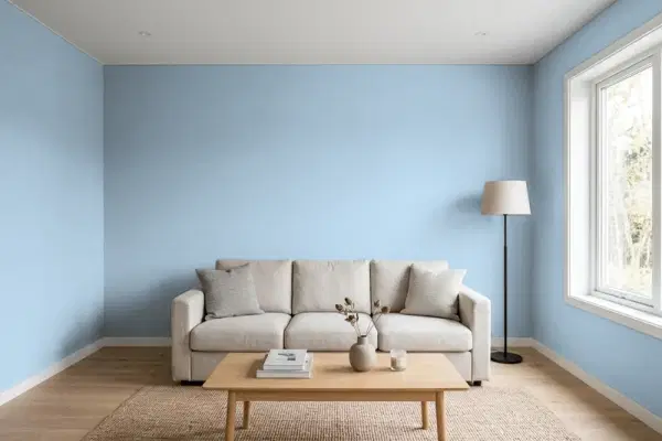 Living room with walls painted PPG Paints Always Blue 1156-3 (simulated)