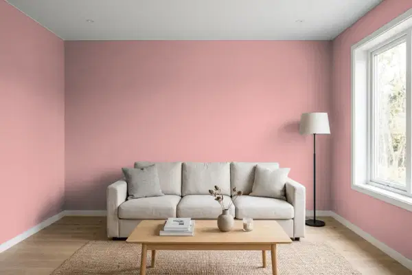 Living room with walls painted Benjamin Moore Amaryllis 1256 (simulated)