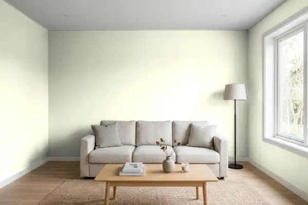 Living room with walls painted Behr Amazon Breeze GR-W03 (simulated)