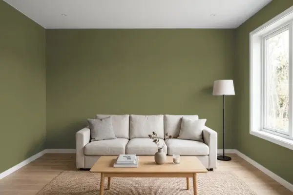 Living room with walls painted Behr Amazon Jungle PPU9-24 (simulated)