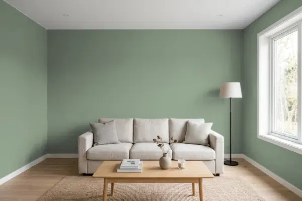 Living room with walls painted Behr Amazon Moss 450F-5 (simulated)