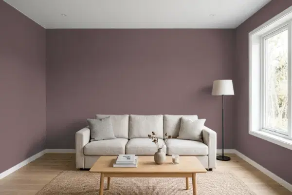 Living room with walls painted Benjamin Moore Amazon Soil 2115-30 (simulated)