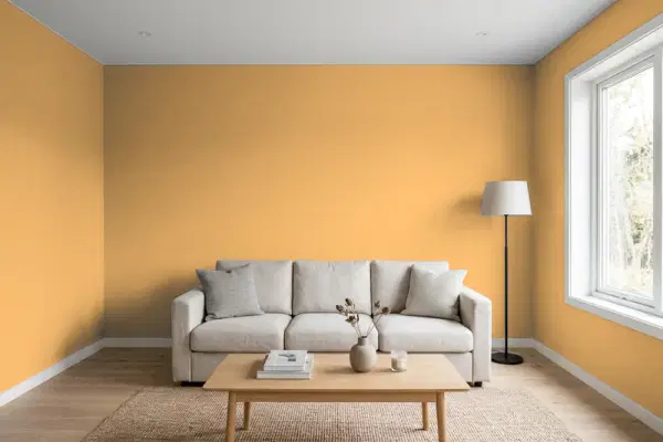 Living room with walls painted Behr Amber Brew MQ4-10 (simulated)