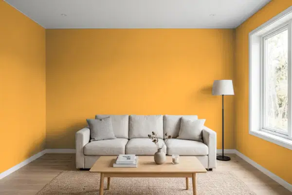 Living room with walls painted Valspar Amber Wheat 3003-3A (simulated)