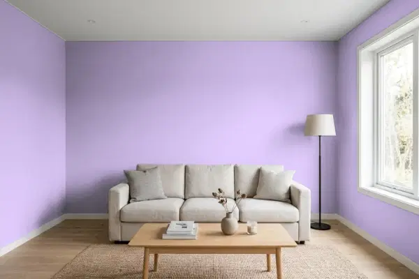 Living room with walls painted Benjamin Moore Amethyst Cream 2071-50 (simulated)