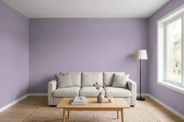 Living room with walls painted Behr Amethyst Phlox 660F-5 (simulated)