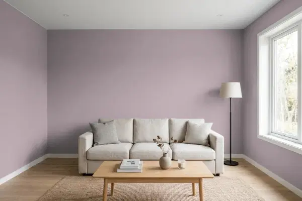 Living room with walls painted Benjamin Moore Amethyst Sky 1447 (simulated)