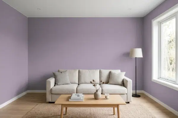 Living room with walls painted Benjamin Moore Amorous AF-600 (simulated)