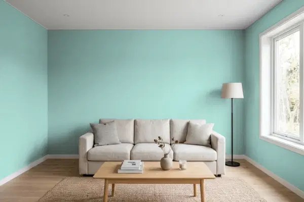 Living room with walls painted Benjamin Moore Anderson Blue CW-565 (simulated)