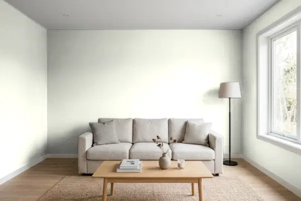 Living room with walls painted Behr Angel Feather GR-W07 (simulated)