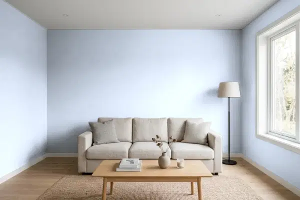 Living room with walls painted Behr Angelic Blue M540-2 (simulated)