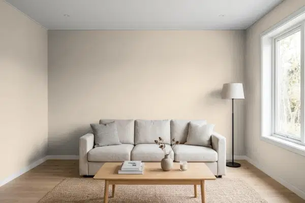 Living room with walls painted Benjamin Moore Annapolis Gray PM-14 (simulated)