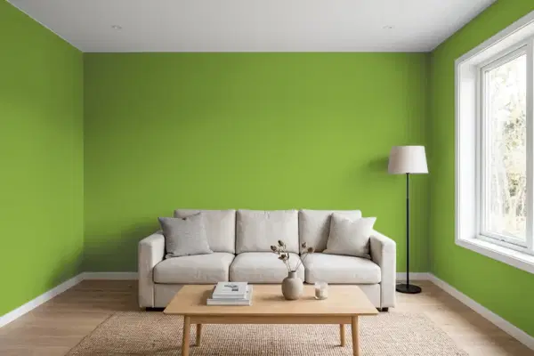 Living room with walls painted PPG Paints Antique Moss 1222-7 (simulated)