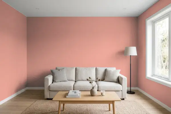 Living room with walls painted Benjamin Moore Antique Rose 2173-40 (simulated)