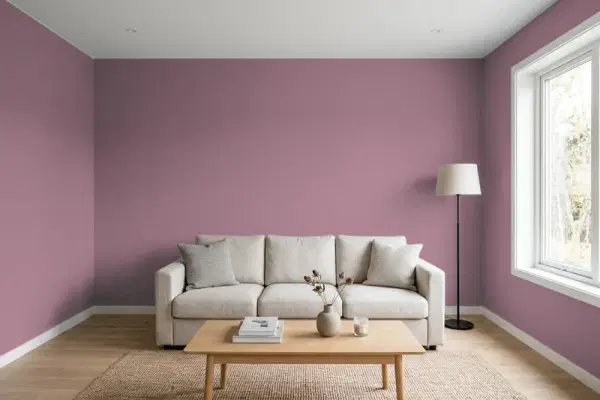 Living room with walls painted Benjamin Moore Aplomb AF-625 (simulated)