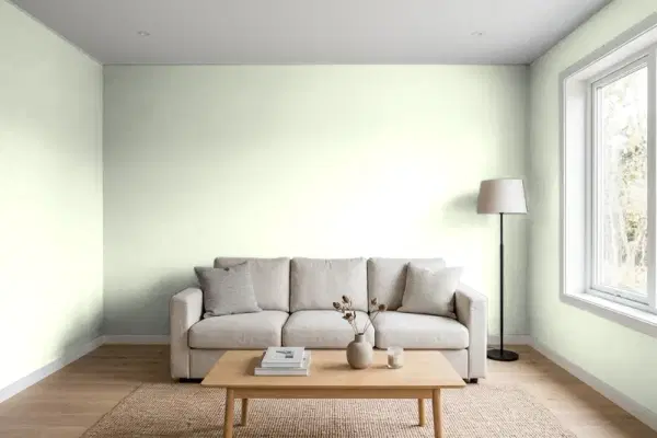 Living room with walls painted Benjamin Moore Appalachian Green 852 (simulated)