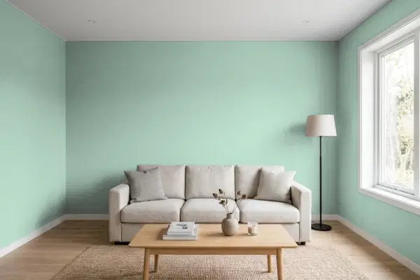 Living room with walls painted Benjamin Moore Appalachian Trail 633 (simulated)
